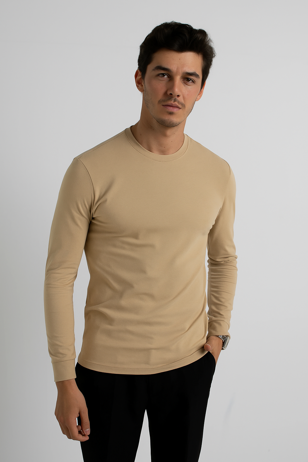 Camiseta Muscle Fit Manga Longa Algodão Egípcio Creme